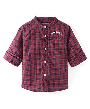 Babyhug Cotton Woven Full Sleeves Mandarin Collared Checks Shirt - Red