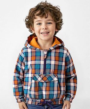 Babyhug Cotton Woven Full Sleeves Checkered Hooded Sweatshirt With Kangaroo Pockets - Orange