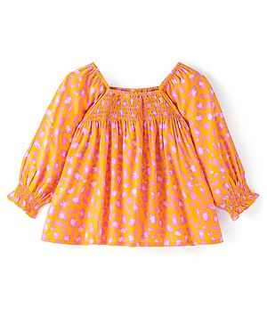 Babyhug Rayon Woven Full Peasant Sleeves Smocking Detailed Top - Orange