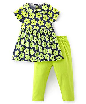 Doodle Poodle Cotton Knit Half Sleeves Peter Pan Collared Floral Printed Frock With Legging - Navy & Neon Green