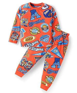 Babyhug Cotton Knit Full Sleeves Text Printed Night Suit - Orange
