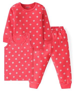 Babyhug Full Sleeves Thermal Wear Vest T-Shirt & Pant Set with Floral Print -Pink