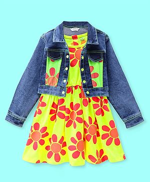 Ollington St. Cotton Floral Printed Frock & Denim Full Sleeves Jacket - Neon Green  & Indigo