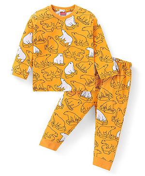 Babyhug Cotton Knit Full Sleeves Night Suit with Polar Bear Print - Mustard