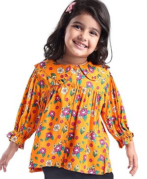 Babyhug Rayon Woven Full Sleeves Floral Printed Collared Top - Yellow