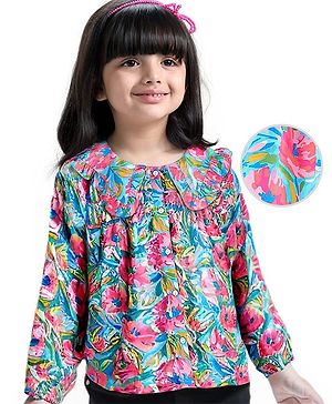 Babyhug Rayon Woven Full Sleeves Peter Pan Collar  Top with Floral Print -Pink & Blue