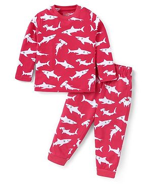 Babyhug Cotton Knit Full Sleeves Shark Printed Night Suit - Red