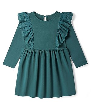 Primo Gino Cotton Knit Full Sleeves Solid Colour Frock with Ruffle Detailing - Dark Green