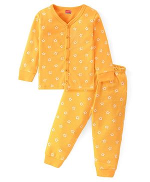 Babyhug Full Sleeves Front Open Thermal Vest & Leggings with Floral Print - Yellow