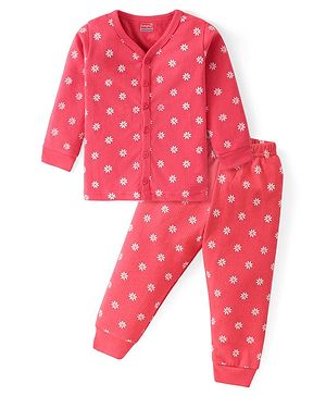 Babyhug Full Sleeves Front Open Thermal Wear Vest & Pant with Floral Print - Pink