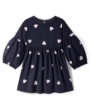 Primo Gino Cotton Knit Full Puffed Sleeves Heart Printed Frock - Black