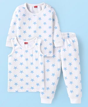 Babyhug Full Sleeves Vest Pullover & Bottom Thermal Wear Combo Star Print Pack Of 3 - White
