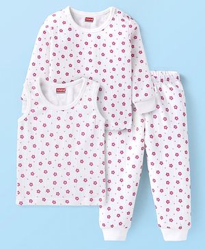 Babyhug Full Sleeves Vest Pullover & Bottom Thermal Wear Combo Floral Print Pack Of 3 - White