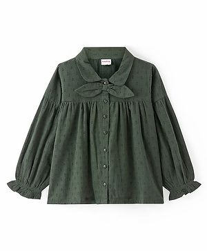 Babyhug Rayon Woven Full Sleeves Shirt Style Top with Dobby Structure & Bow -Green