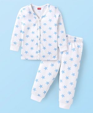 Babyhug Full Sleeves Front Open Thermal Wear Vest & Pant with Star Print - White