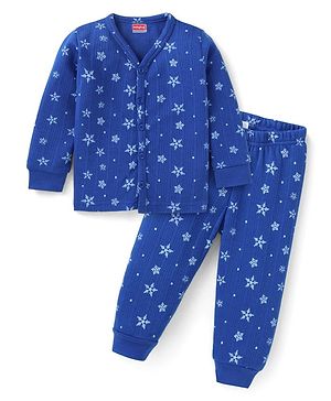 Babyhug Full Sleeves Front Open Thermal Wear Vest & Pant with Star Print - Blue