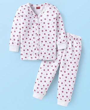 Babyhug Full Sleeves Front Open Thermal Vest & Legging Set with Floral Print - White