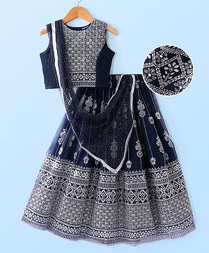 Pine Kids Woven Sleeveless Sequin Embroidered Choli Lehenga Set with Dupatta - Navy Blue