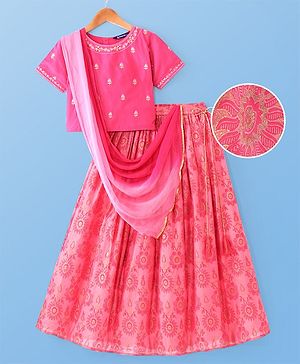 Pine Kids Woven Half Sleeves Choli Lehenga & Dupatta Set with Floral Embroidery & Foil Print - Pink