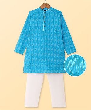 Pine Kids Cotton Woven Full Sleeves Solid Kurta Pyjama Set - Light Blue