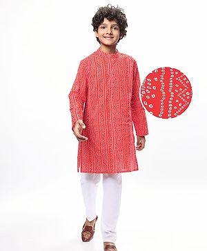 Pine Kids Cotton Woven Full Sleeves Kurta Pyjama Set with Bandhani Print - Red