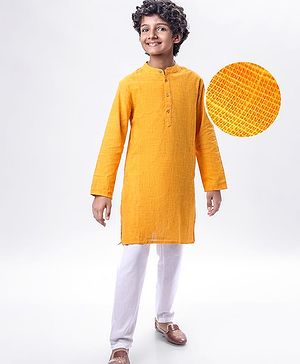 Pine Kids Cotton Woven Solid Kurta Pyjama Set - Mustard