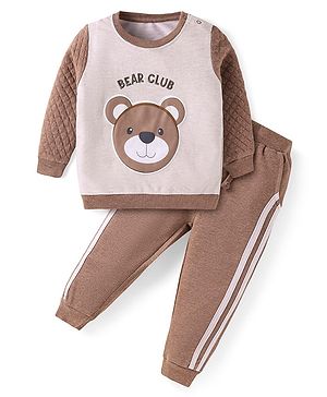 Babyhug Terry Knit Full Sleeves Sweatshirt & Joggers Set with Bear Patch Detailing - Brown