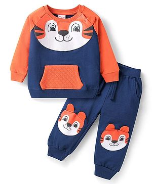 Babyhug Terry Knit Full Raglan Sleeves Tiger Printed T-Shirt & Lounge Pant - Orange & Navy Blue