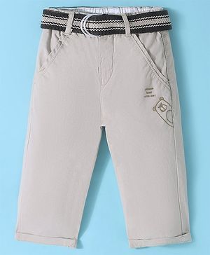 Olio Kids Cotton Woven Full Length Solid Trouser With Bear Applique - Light Grey