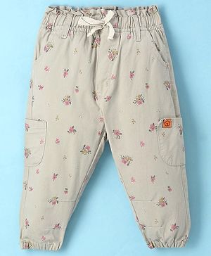 Olio Kids Cotton Woven Full Length Trouser With Floral Print - Light Grey