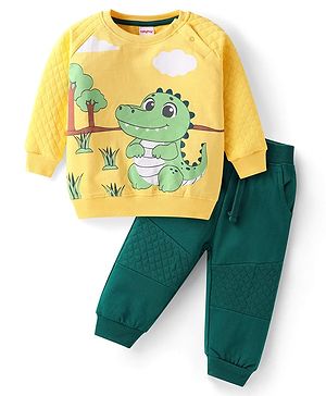 Babyhug Terry Knit Full Raglan Sleeves Dino Printed T-Shirt & Lounge Pant - Yellow & Green