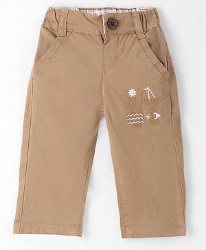 Olio Kids Cotton Woven Full Length Pants with Text Embroidery - Khaki