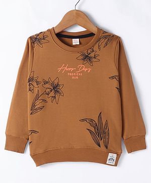 Olio Kids Cotton Knitted Full Sleeves Sweatshirt With Text & Floral Print - Brown