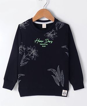 Olio Kids Cotton Knitted Full Sleeves Sweatshirt With Text & Floral Print - Black