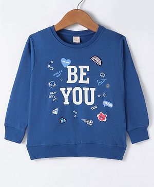 Olio Kids Cotton Knitted Full Sleeves Sweatshirt With Text Print - Blue