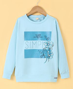 Olio Kids Cotton Knit Full Sleeves Sweatshirt with Text Print & Embellished Floral Design - Sky