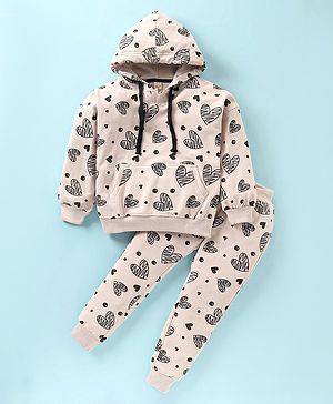 Olio Kids Cotton Knit Full Sleeves Hooded Winter Wear Co-Ord Set With Kangaroo Pockets & Hearts Print - Cream