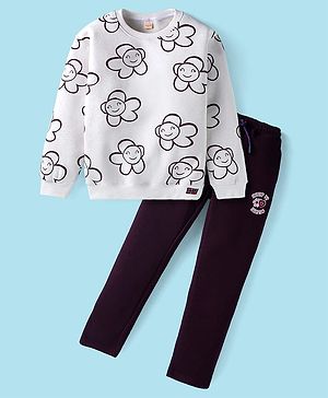 Olio Kids Fleece Knit Full Sleeves Winter Wear Floral Printed T-Shirt & Lounge Pant Set - Off White