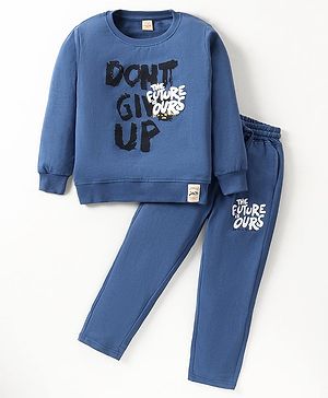 Olio Kids Cotton Knit Full Sleeves Winter Wear Suit With Text Print - Blue