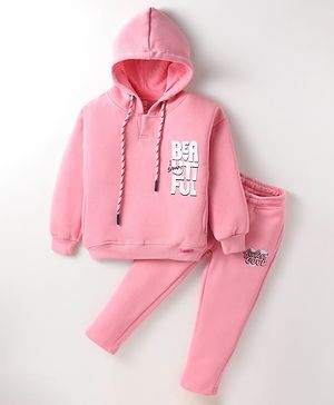 Olio Kids Fleece Knit Full Sleeves Hooded Sweatshirt & Legging Set With Text Print - Pink