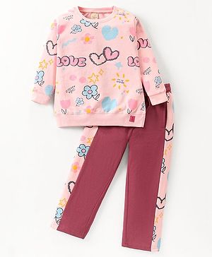 Olio Kids Cotton Knit Full Sleeves Winter Wear Suit With Floral & Hearts Print - Pink