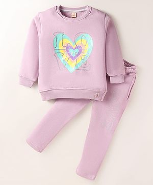 Olio Kids Fleece Knit Full Sleeves Winter T-Shirt & Lounge Pant Set With Heart Print - Mauve