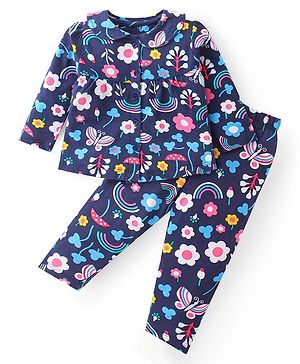 Babyhug Cotton Knit Full Sleeves Peter Pan Collared Night Suit With Floral Print - Navy