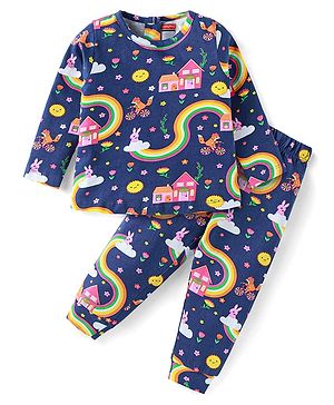 Babyhug Cotton Knit Full Sleeves Night Suit With Floral & Animal Print - Navy Blue