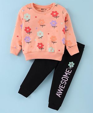 Bodycare Cotton Knit Full Sleeves T-Shirt & Lounge Pants Set With Floral Print - Coral & Black