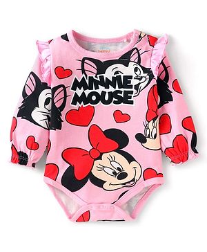 Babyhug Disney Interlock Knit Full Sleeves Onesie with Minnie Mouse Graphics & Frill Detailing - Pink