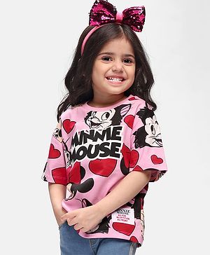Babyhug Disney Single Jersey Drop Shoulder Oversized Half Sleeves T-Shirt with Minnie Mouse Print -Pink
