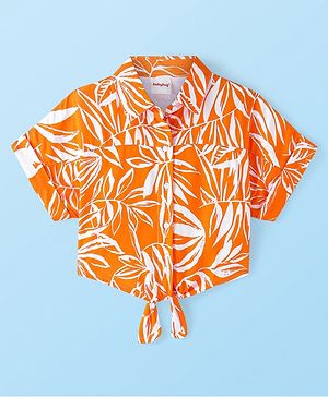 Babyhug Rayon Woven Front Open Half Sleeves Top with Knot Detailing & Abstract Print - Orange