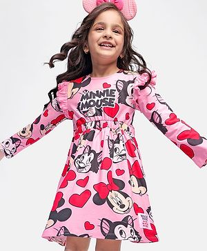 Babyhug Disney Single Jersey Knit Full Sleeves Minnie Mouse Printed Frock with Frill Detailing - Pink