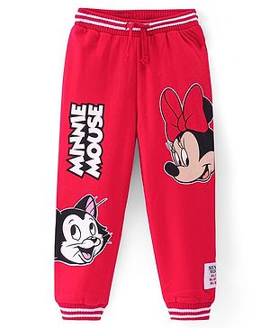 Babyhug Disney Cotton Knit Full Length Lounge Pant with Minnie Mouse Print and Badge Detailing- Red